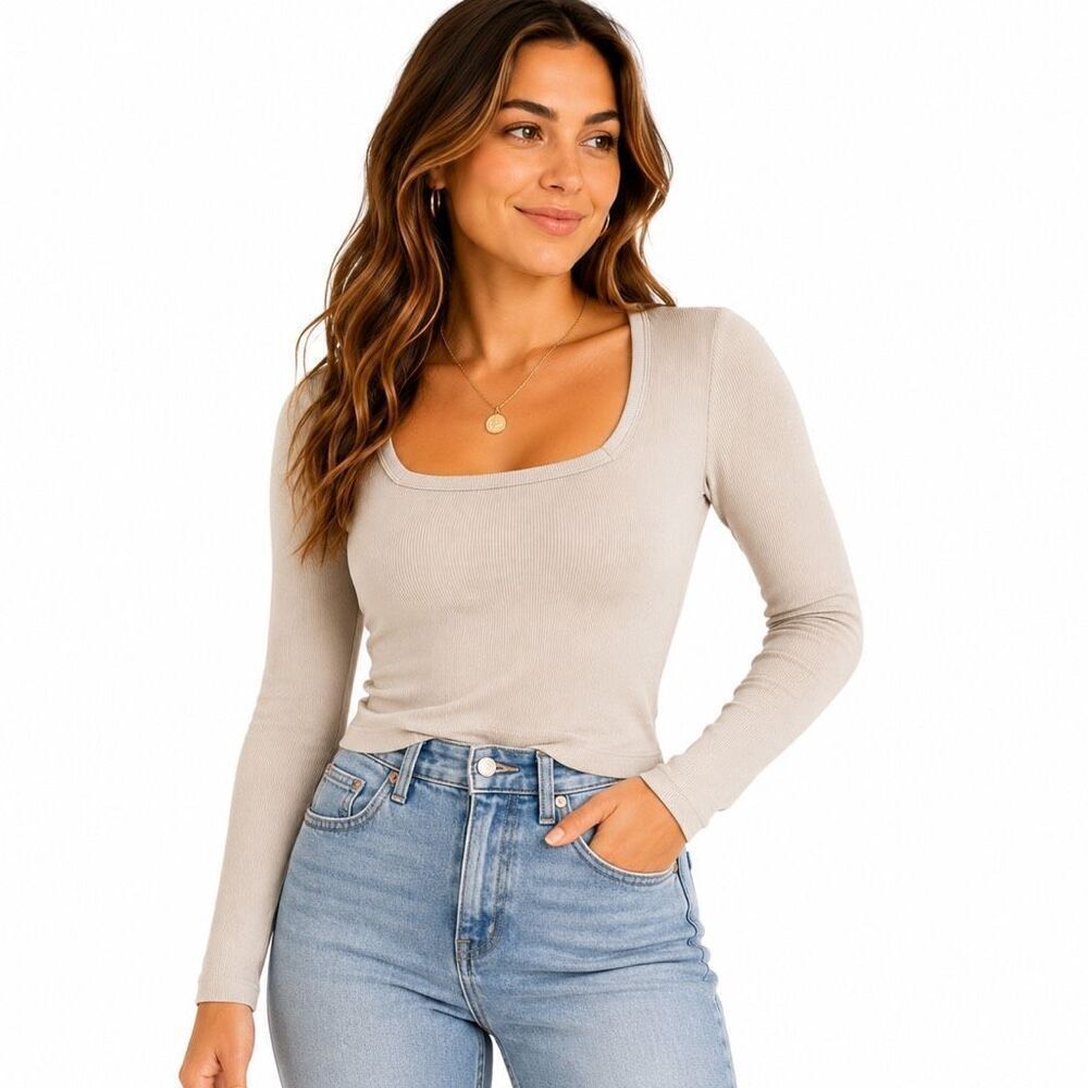 90 Degree By Reflex Leighton Rib Seamless Square Neck Long Sleeve Top NWT Large
